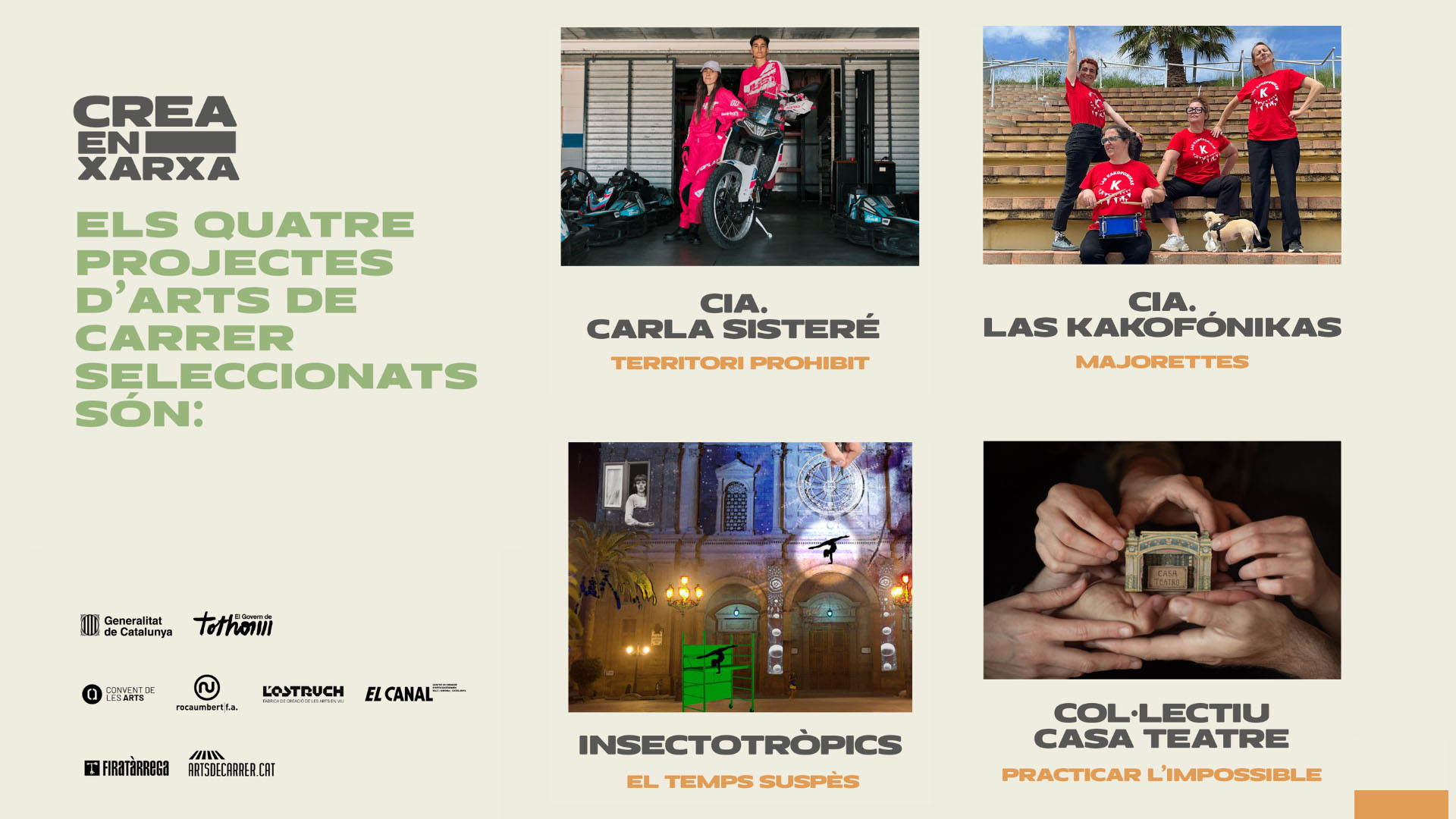 Cartell de Crea en Xarxa amb els quatre projectes seleccionats d'arts de carrer.